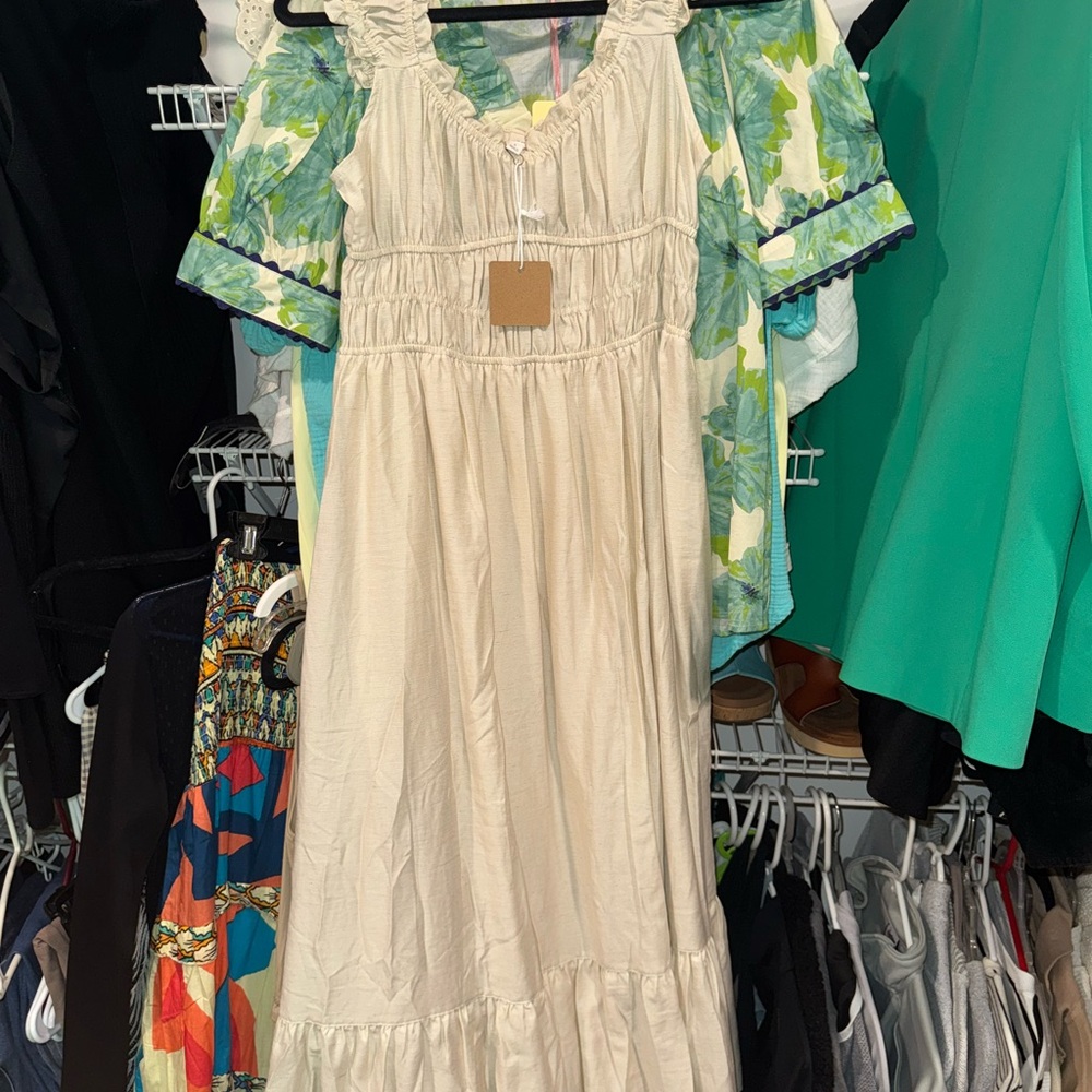 Cream Ruffled Midi Dress